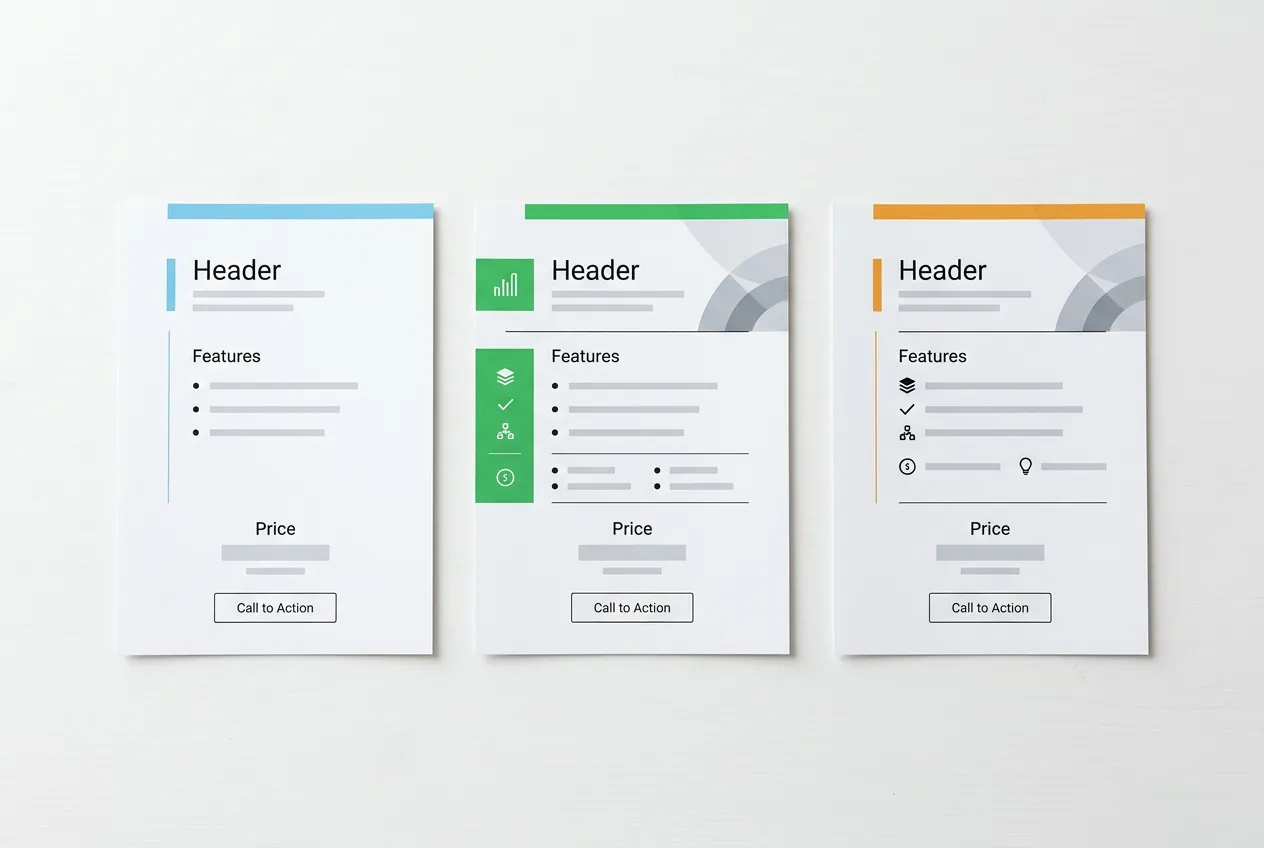 Organized package or pricing display layout with tiered plan cards or product packages, minimalist design aesthetic, clean white background with accent colors, flat lay view